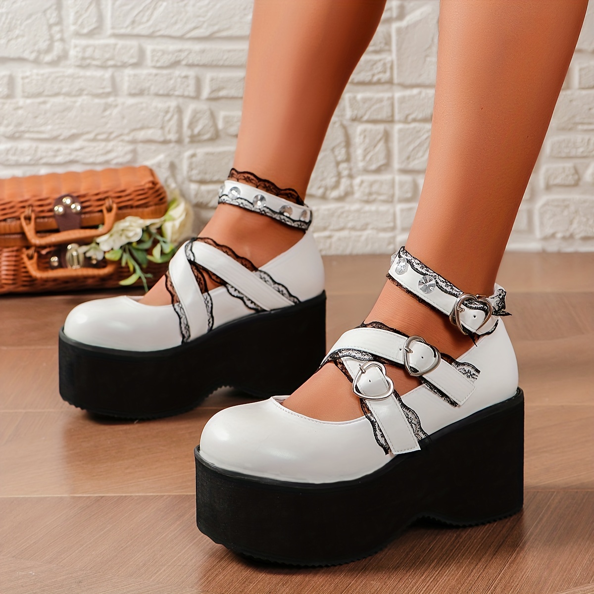 Sweet Wedge High Heels Round Toe Bowknot Platform Ankle Strap Girls Women  Shoes