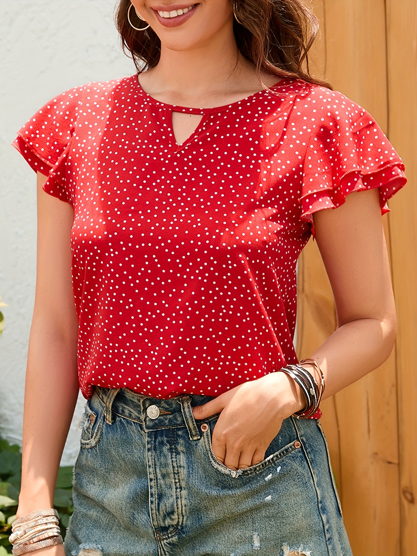 Red women's shirt with white polka dots, Shirts