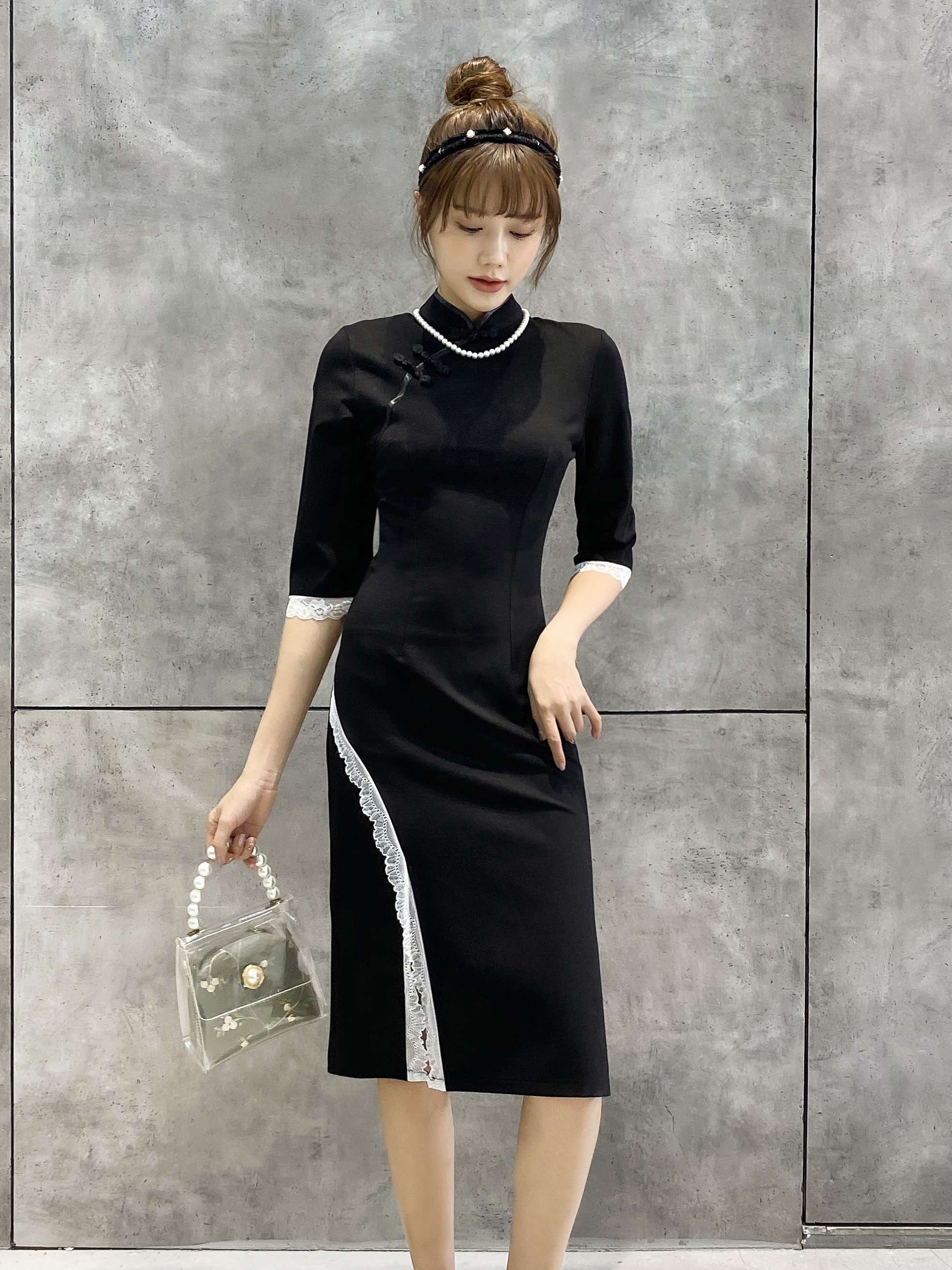 Solid Slim Cheongsam Dress, Elegant Short Sleeve Stand Collar Split Qipao  Dress, Women's Clothing