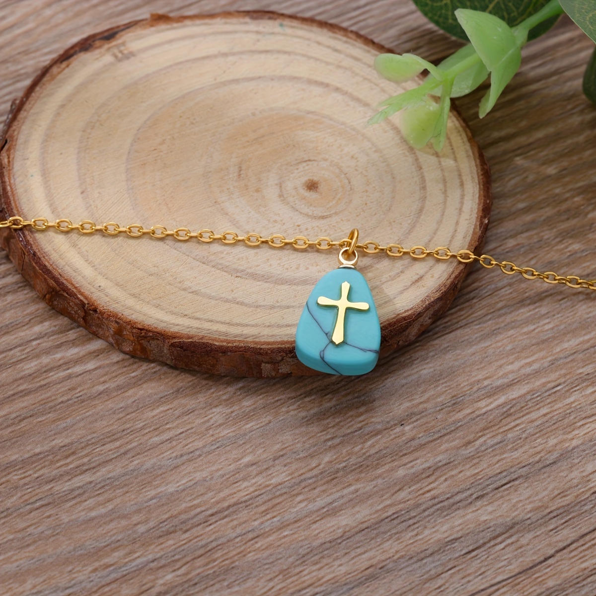 Vintage Simple Cross Natural Stone Pendant Necklace Ladies Natural