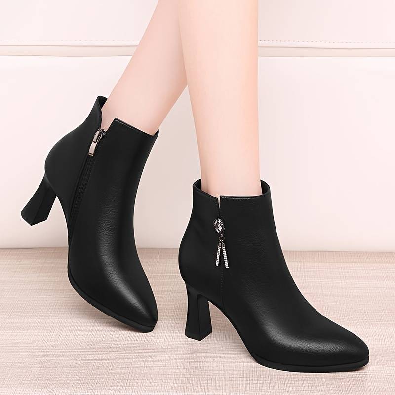 Women's Chunky Heel Ankle Boots, Solid Color Pointed Toe Side Zipper ...