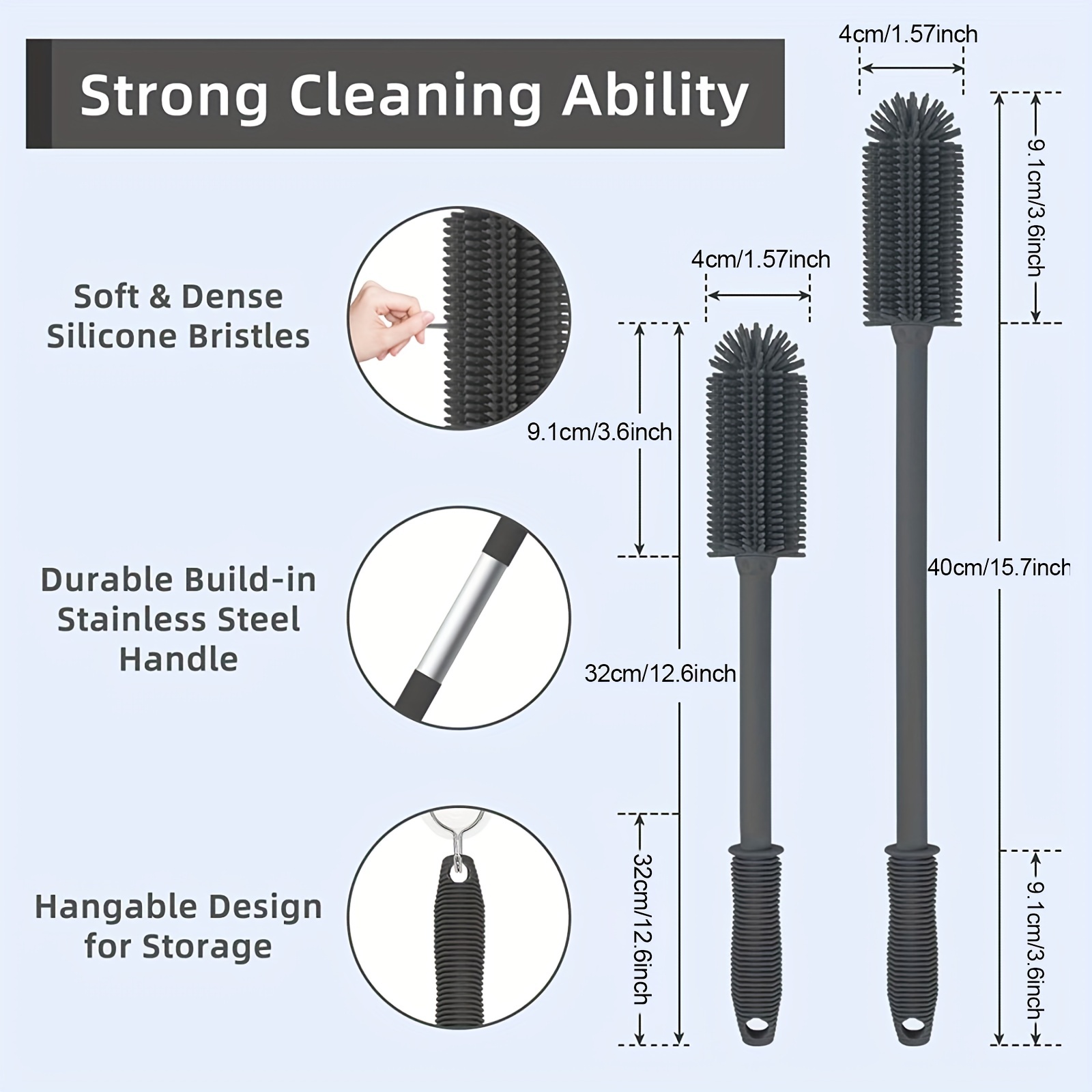Silicone Bottle Cleaning Brush | 2 Pack| 15.7”+12.6” Water Bottle Brush  Cleaner Brush for Hydro Flask,Glassware,Vacuum Sports Bottle&Vases,Water