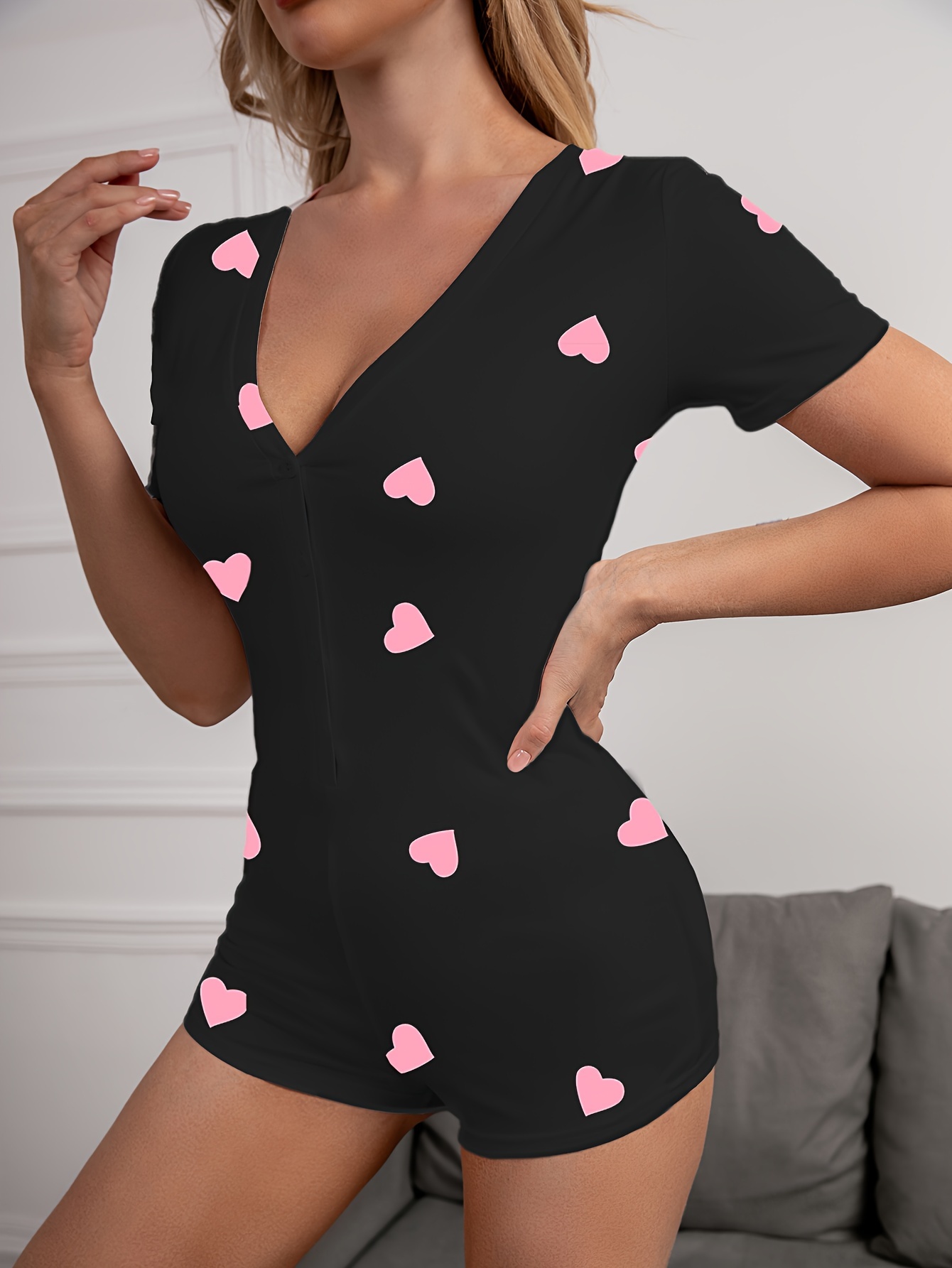 Heart Print Pajama Romper Short Sleeve V Neck Pajamas Temu