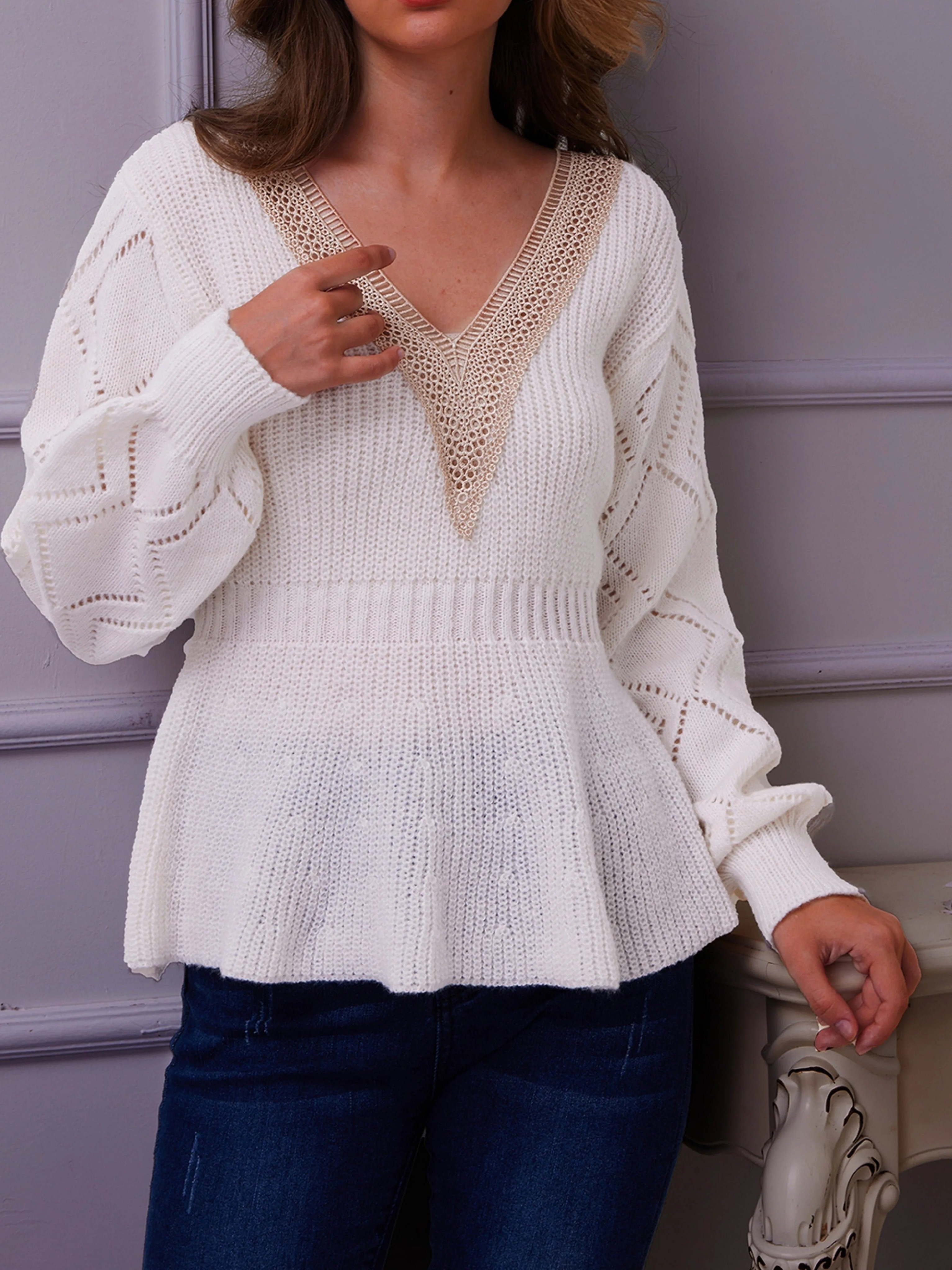 Lace V Neck Pointelle Knit Sweater, Elegant Long Sleeve Ruffle Sweater For  Spring & Fall, Women's Clothing