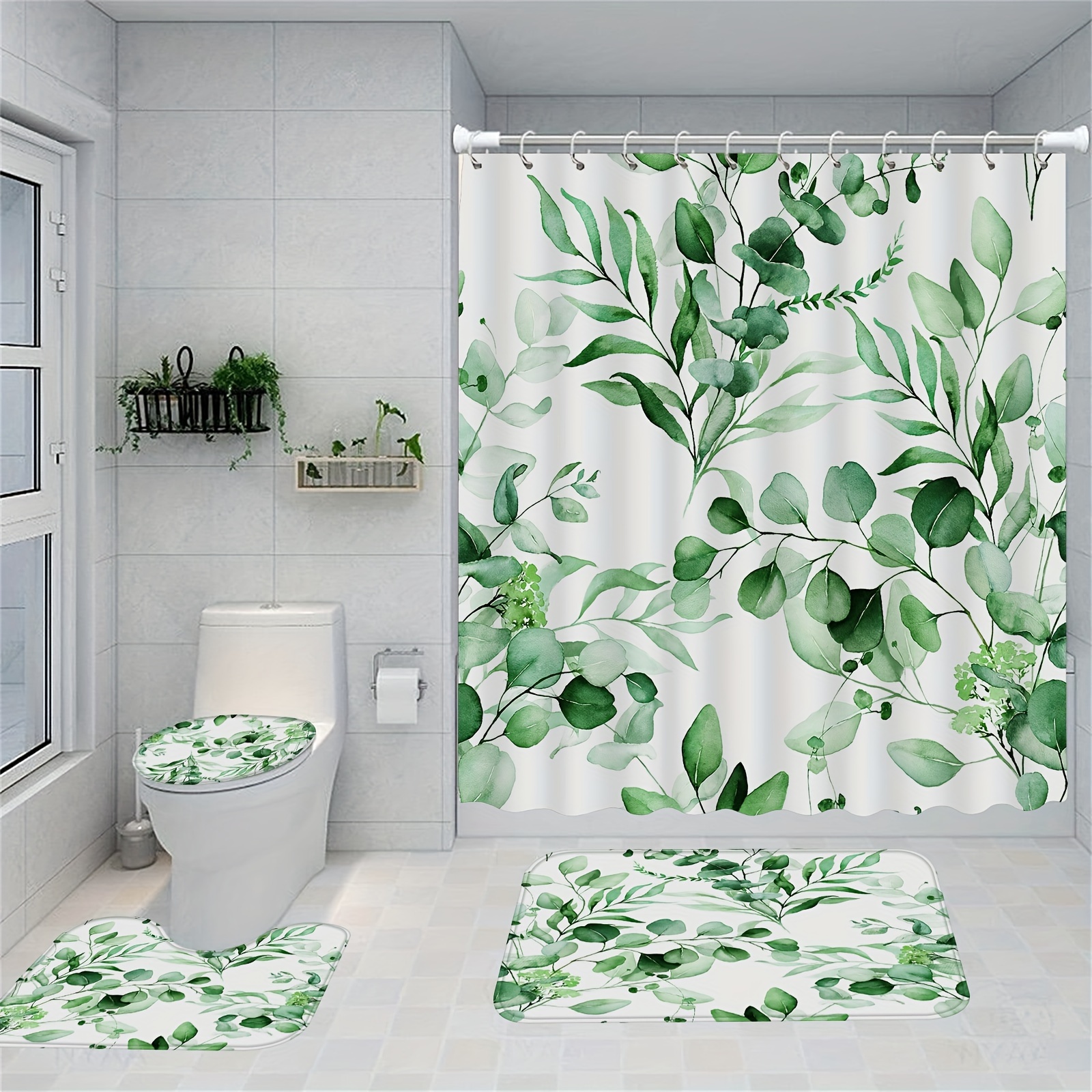 Shower Curtain Set Eucalyptus Leaf Pattern Waterproof Bath - Temu