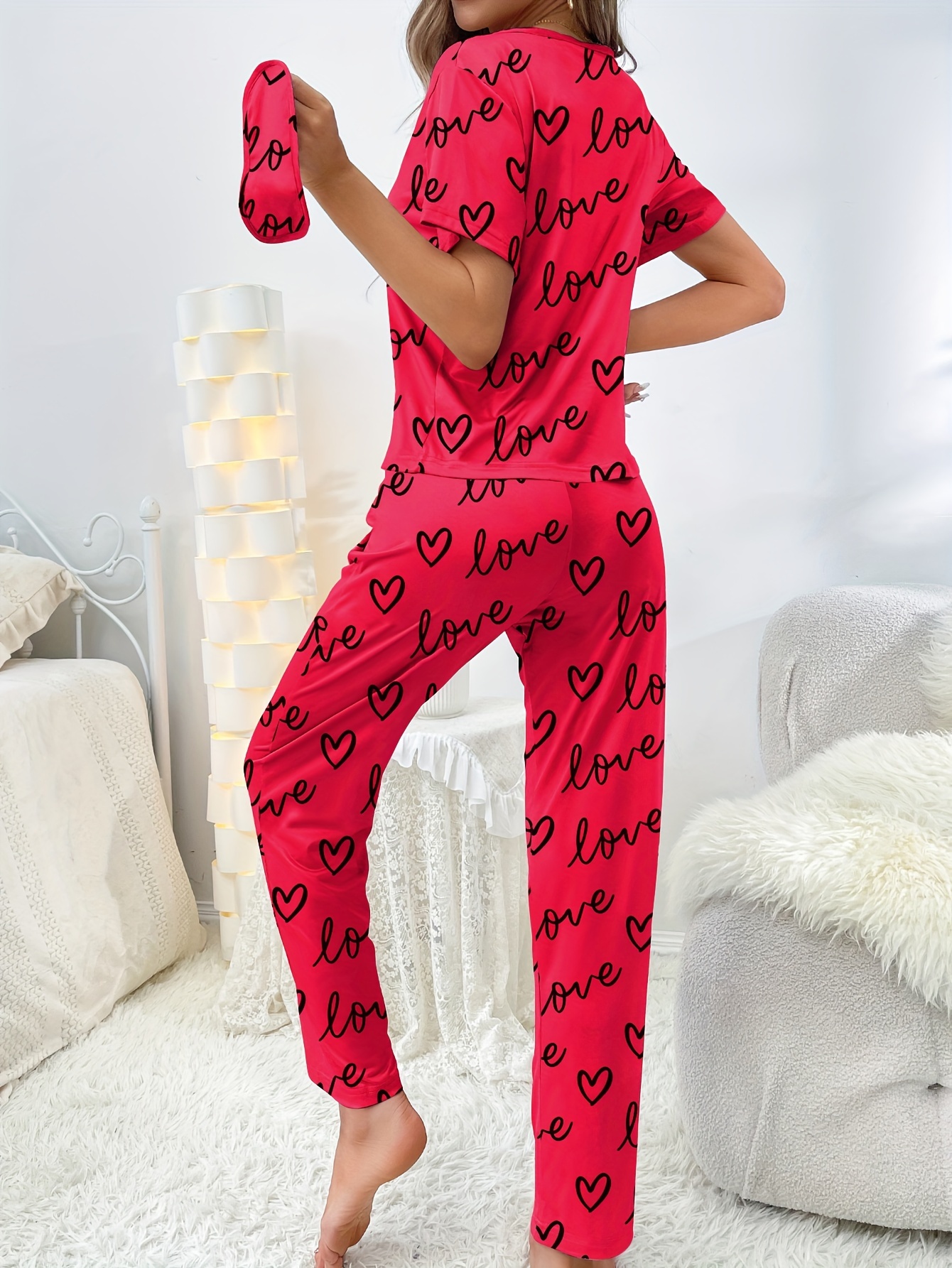 Cute Letters Love Print Pajamas Set Casual Short Sleeve Top - Temu  Philippines