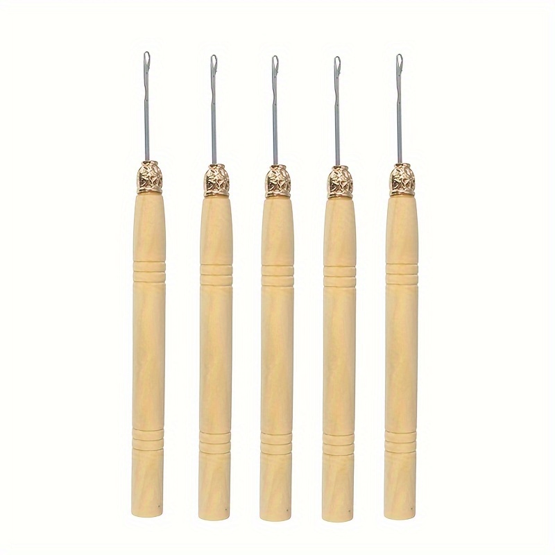 5pcs Wooden Hair Extension Loop Needle Threader Wire Pulling Hook Bead Tool  For Making Buttons Elastic Bands Pulling Cords
