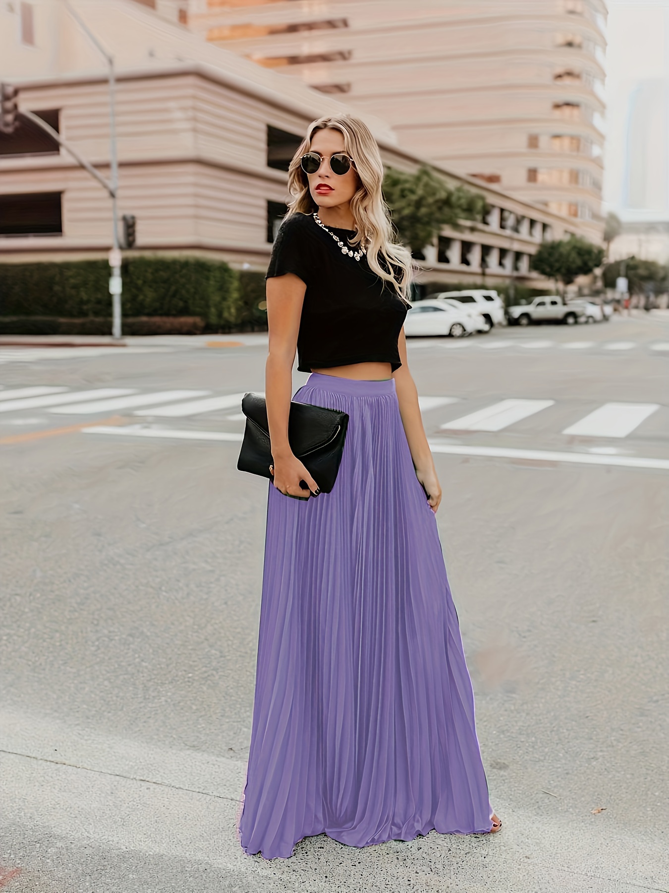 Solid Color Maxi Length Pleated Skirt Elegant High Waist - Temu Canada
