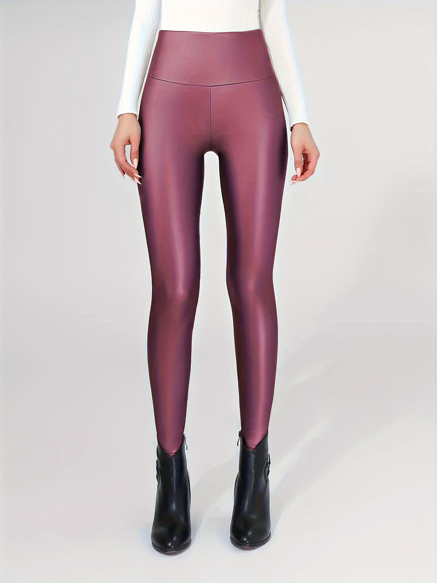 Leggings de látex para mujer, leggings de piel sintética, pantalones  elásticos de cintura alta, pantalones sexys ajustados (color rojo, talla:  XL)