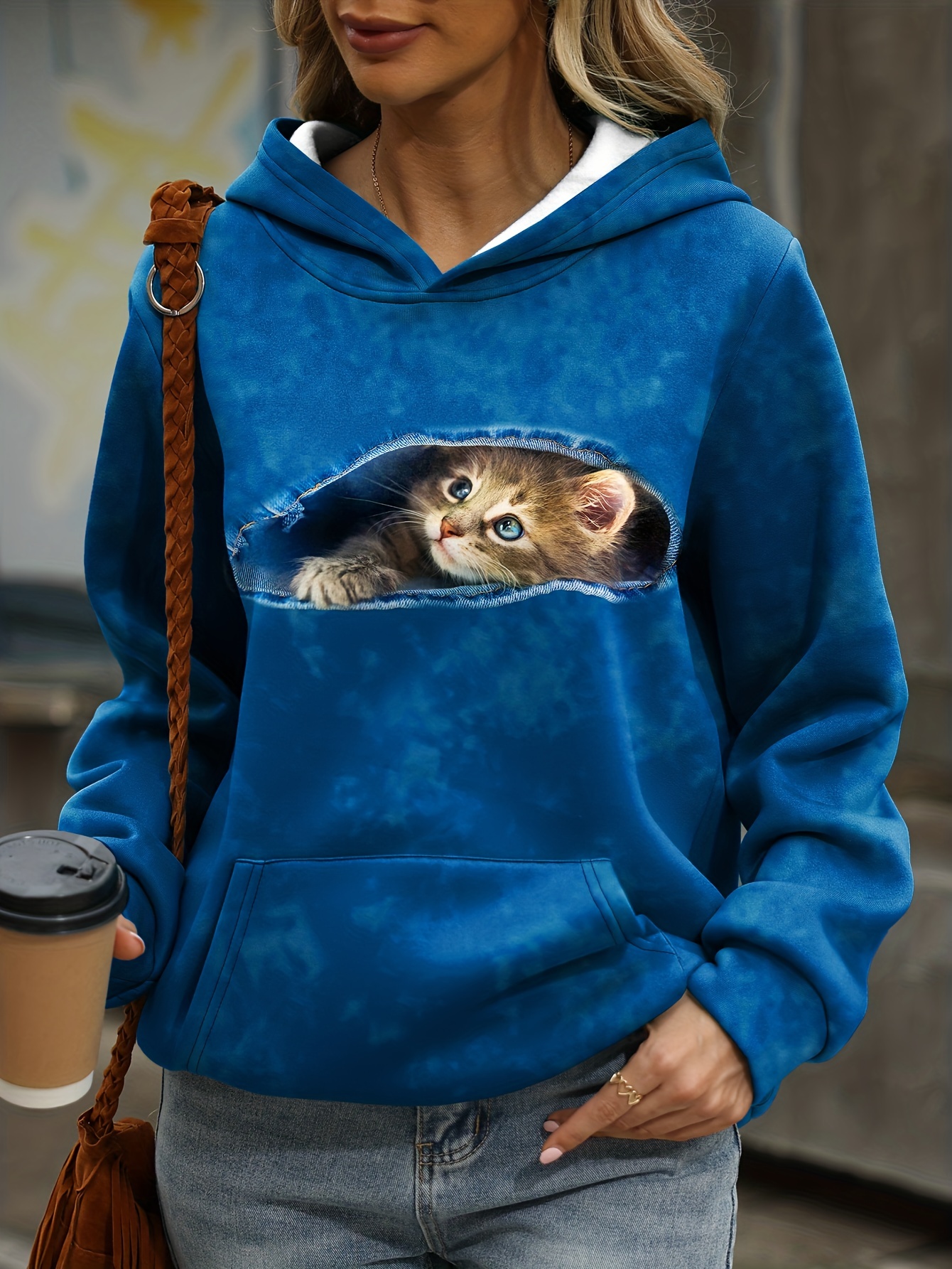 Cute Cat Print Thermal Hoodie Casual Kangaroo Pocket Long - Temu Canada