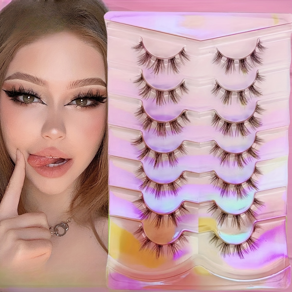 7 Pairs False Eyelashes 5-11mm Length D Curling Natural Look Eyelashes  Transparent Stem Lashes Fluffy Comic Eye Lashes Suitable For Beginners Easy  Wea