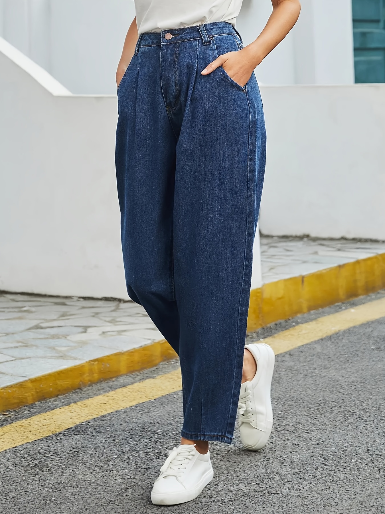 Blue Loose Fit Straight Jeans Slash Pockets Ankle Length - Temu