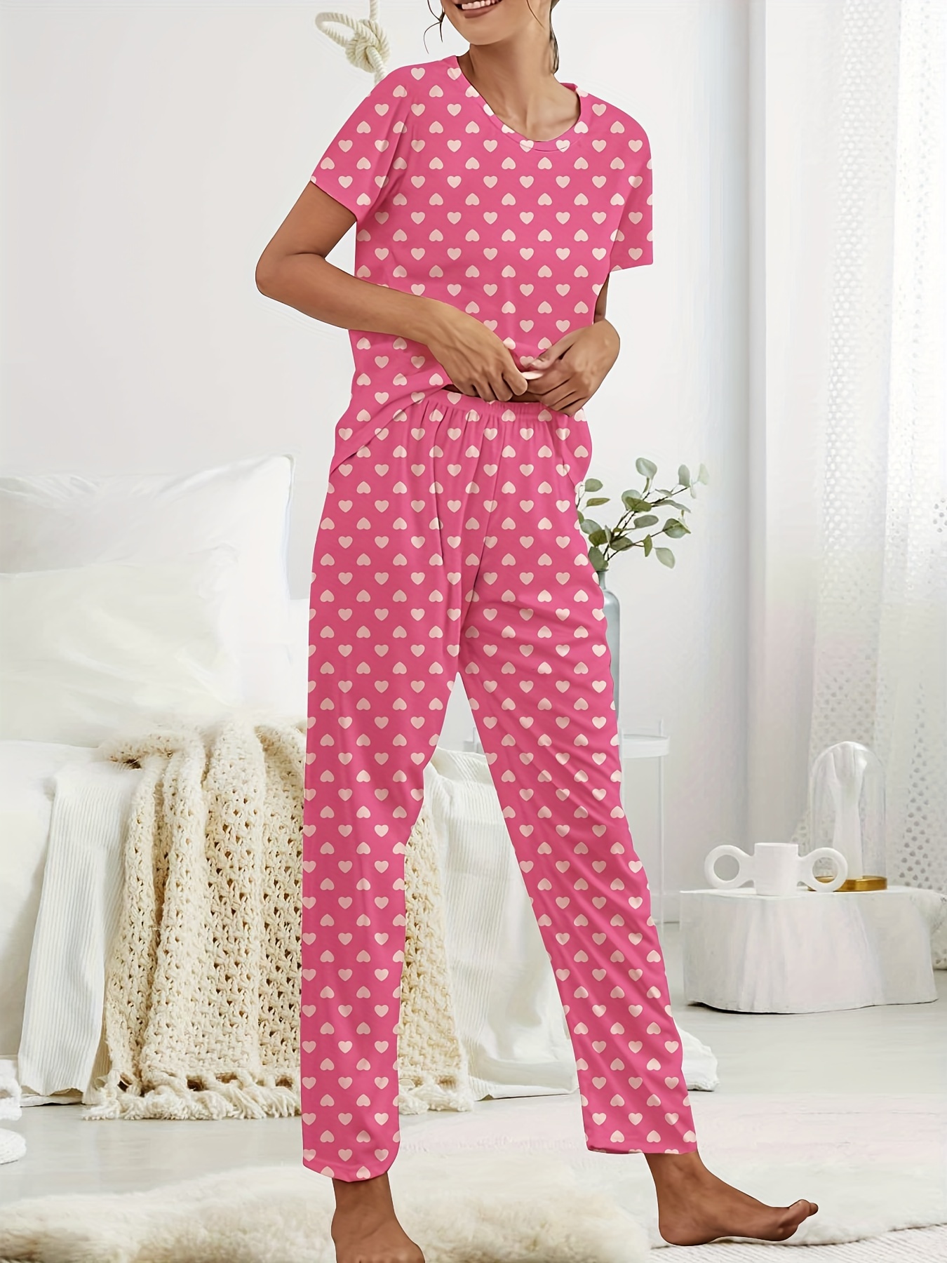 Heart Print Pajama Set Short Sleeve Crew Neck Top Elastic - Temu