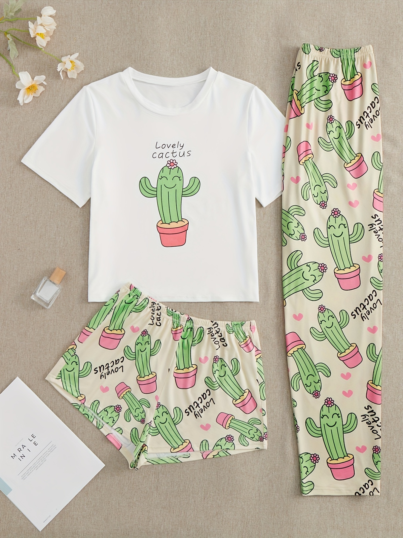 Cactus Print Pajama Set Short Sleeve T-shirt & Shorts
