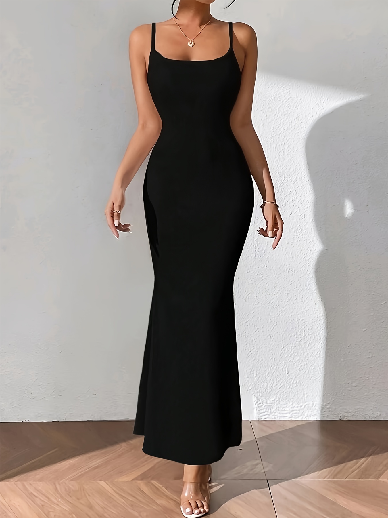 Sexy Spaghetti Strap Slit Dress, Sleeveless Square Neck Solid Backless  Strap Midi Dresses, Women's Clothing