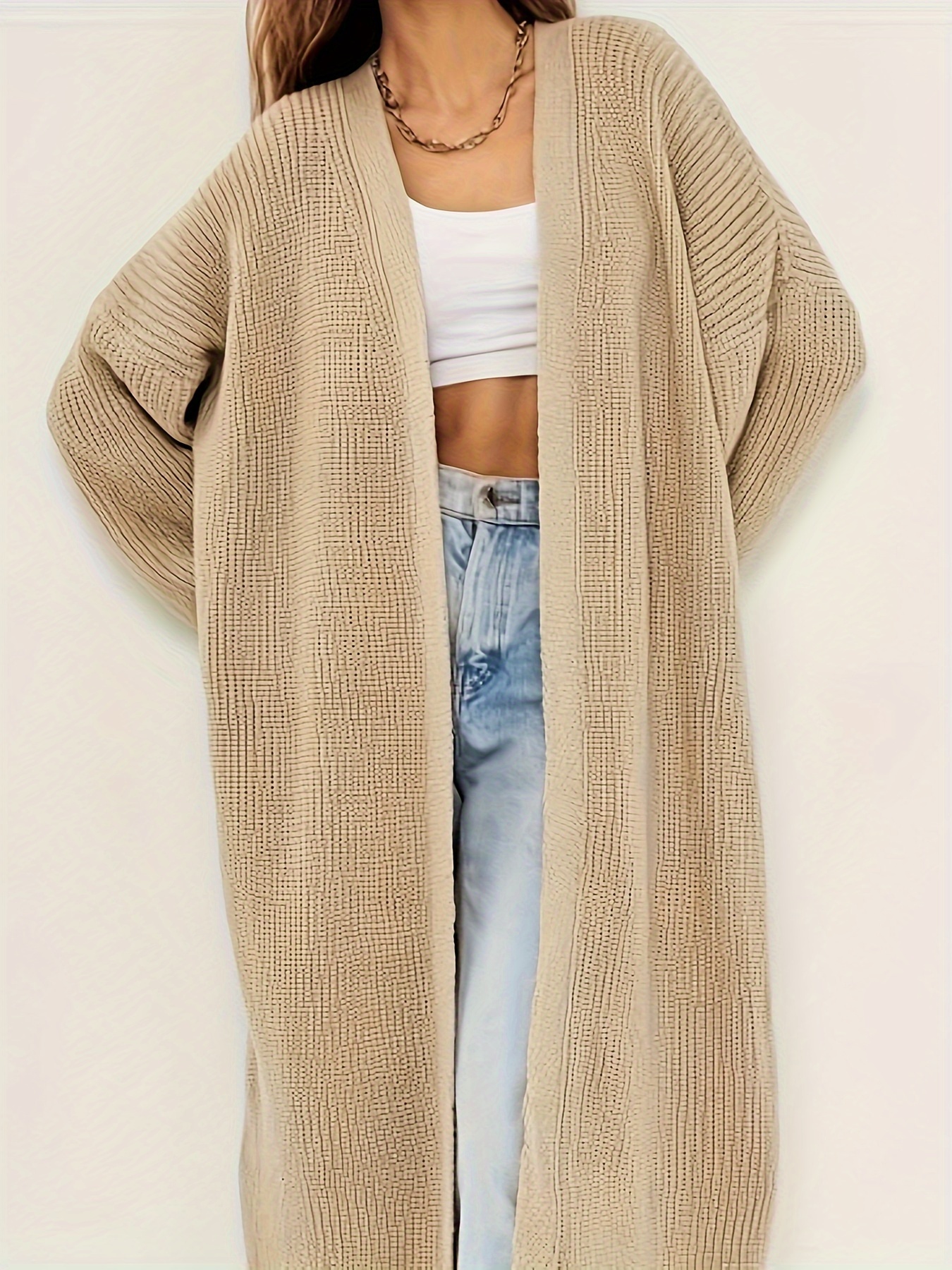 Solid Open Front Knit Cardigan, Casual Long Sleeve Loose Sweater, Women's  Clothing