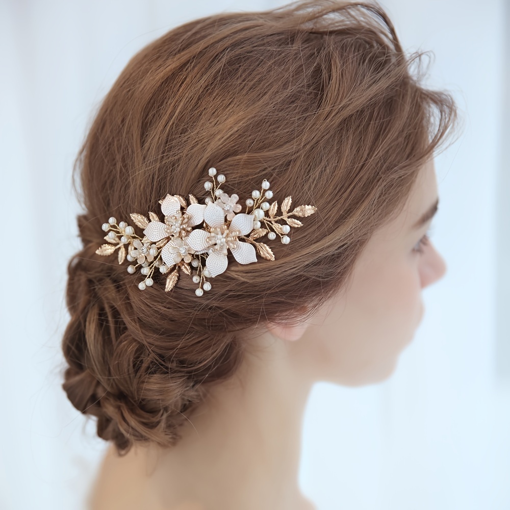 

Handmade Flower Hair Comb Wedding Hair Accessories Golden Faux Pearl Hair Combs Hair Clips For Daily Use Crystal Women Bridal Hair Jewelry