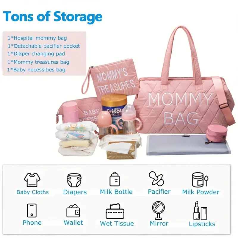 5PCS Diaper Bag Tote Set - Baby Bags for Mom (Pink)
