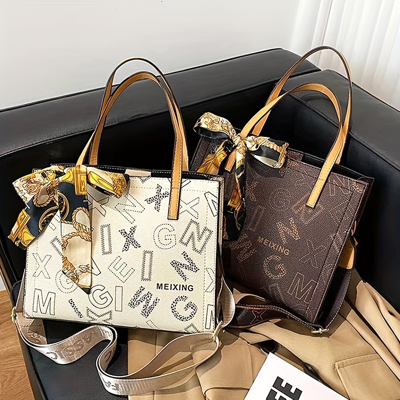 Letter Graphic Tote Bag, Classic Large Capacity Shoulder Bag, Women's PU  Leather Handbag