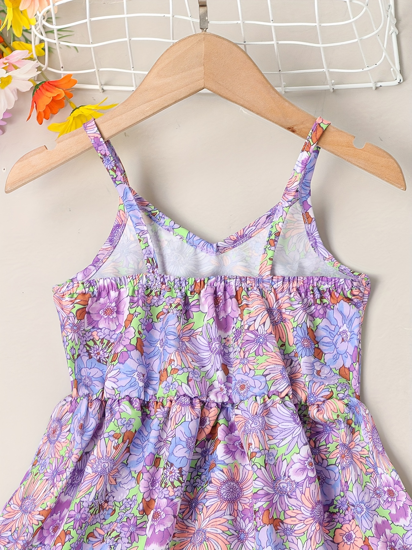 little girls cute sundress floral pattern party beach dress v neck elastic waist camisole dress for summer details 8