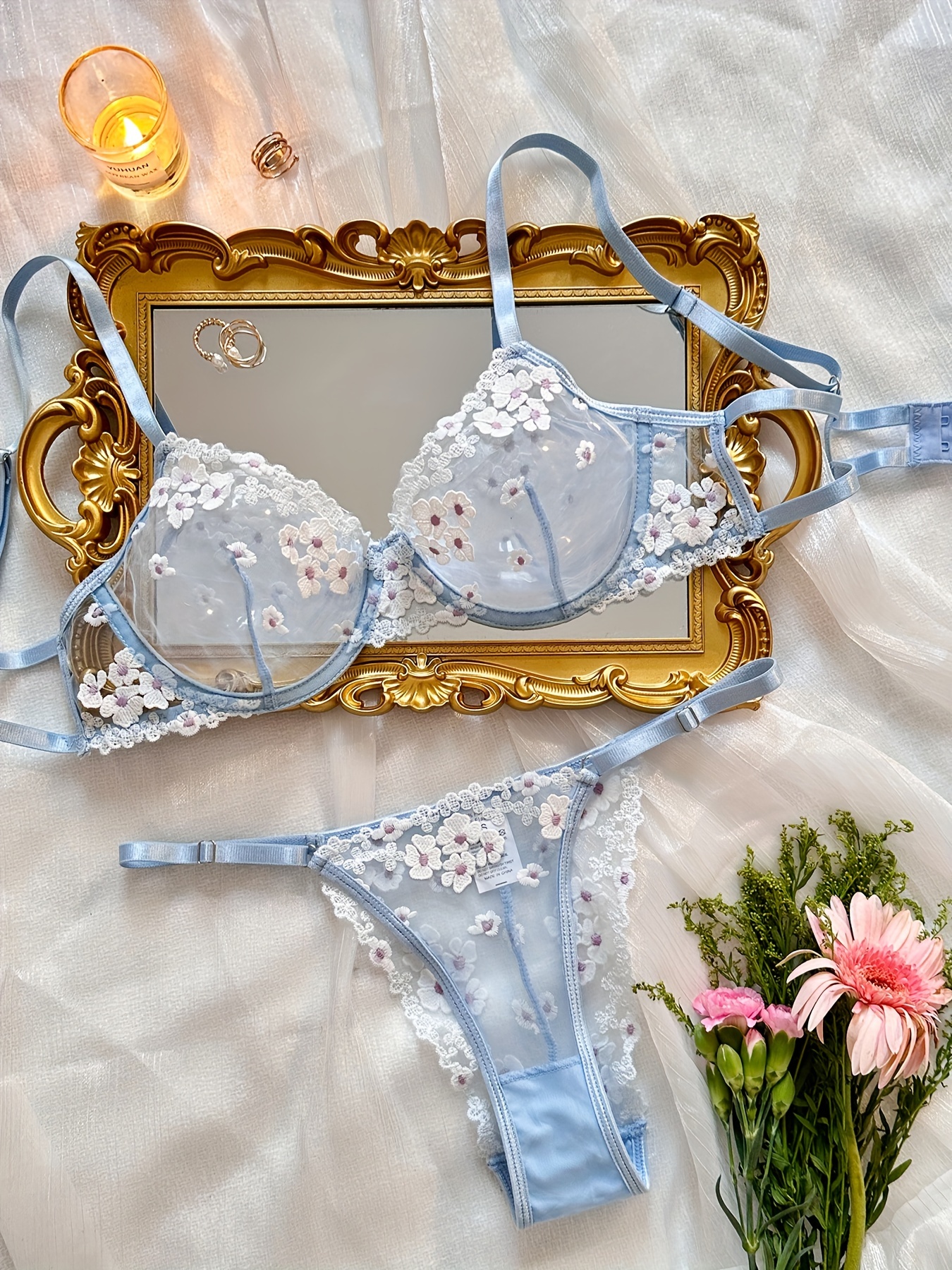 Floral Lingerie,cute Underwear Set,embroidery Lingerie,sheer Bra