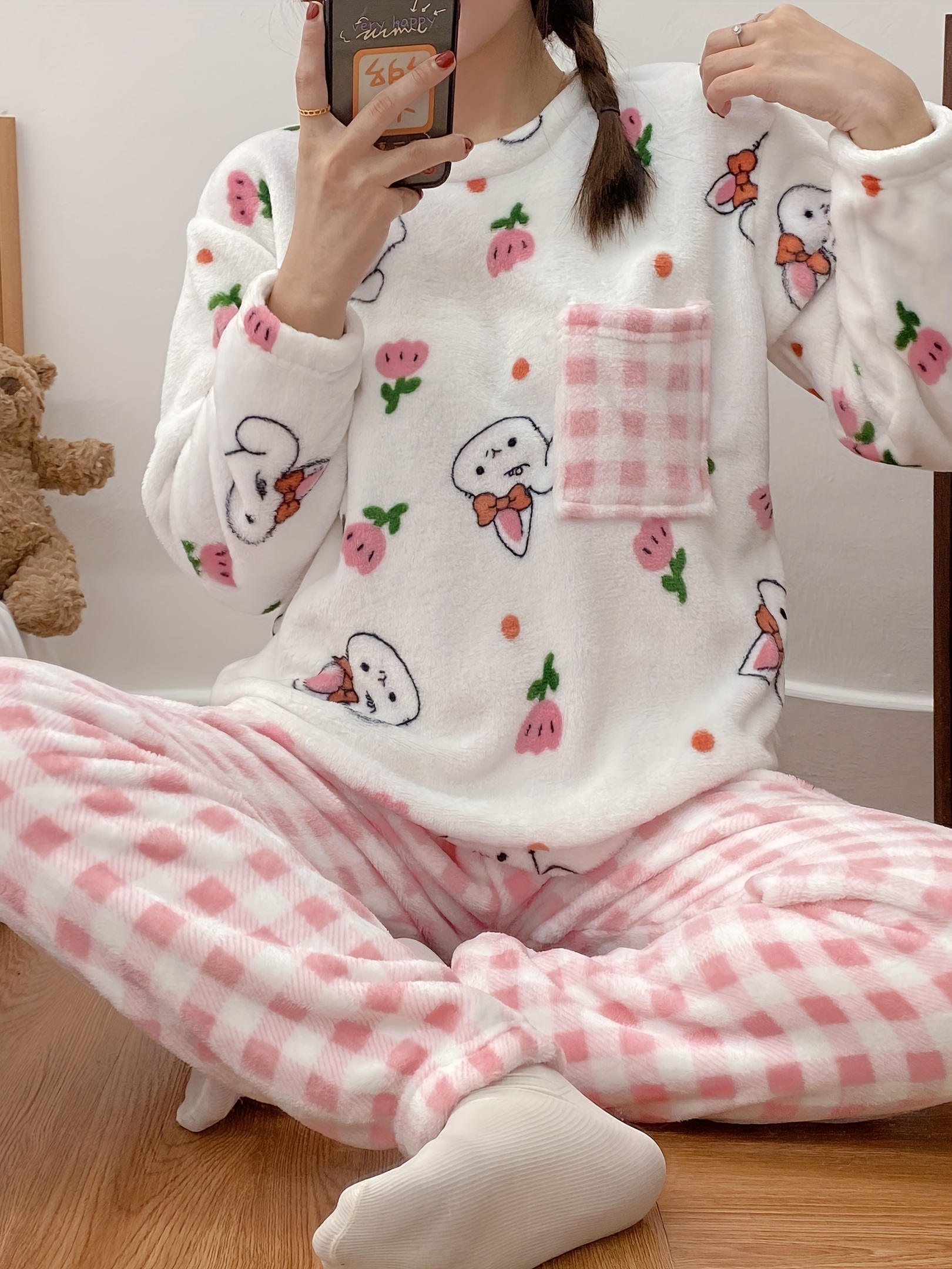 Plaid Print Christmas Pajama Set Long Sleeve Crew Neck Top - Temu