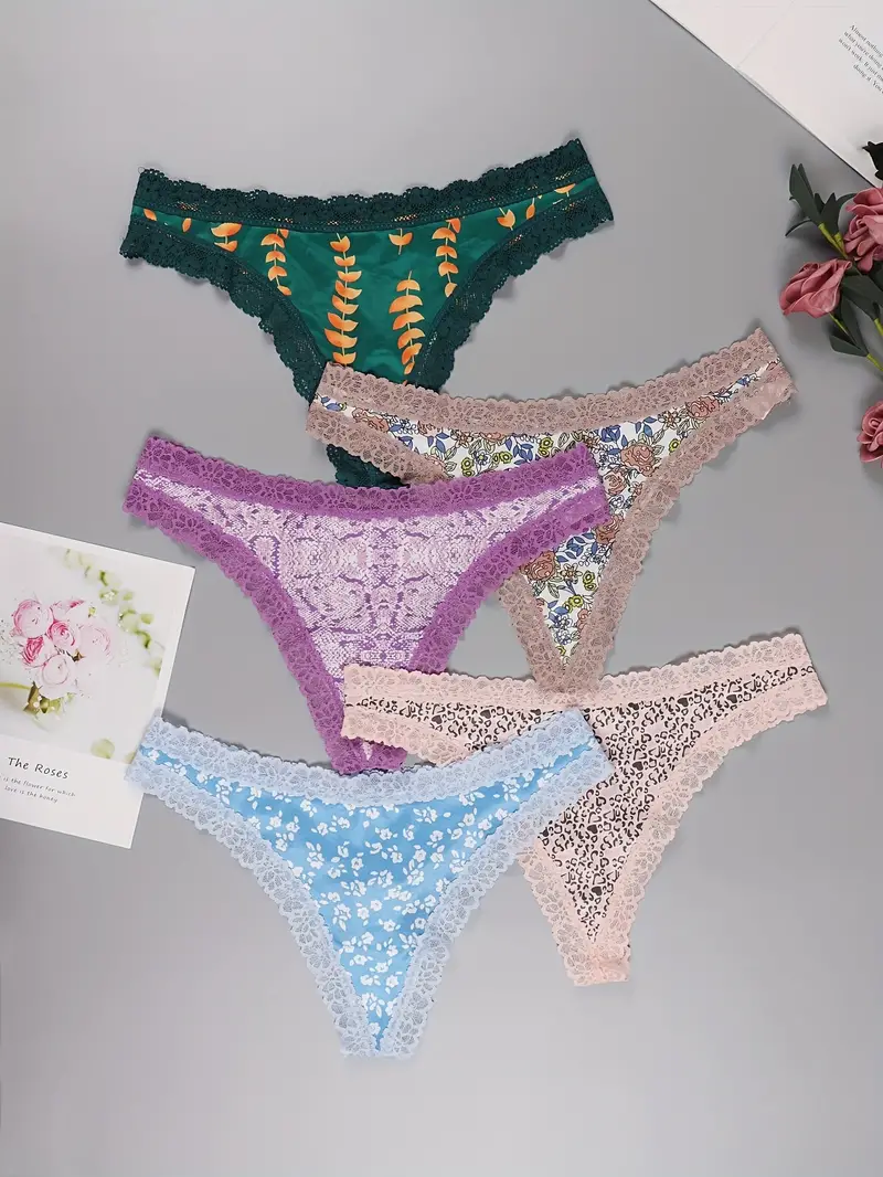 Contrast Lace Thongs Soft Comfy Floral Print Intimates - Temu Canada