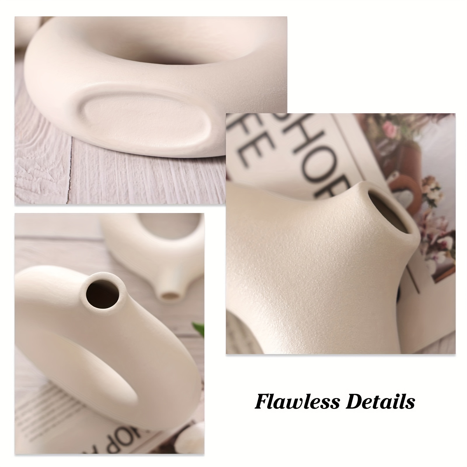 Juego de 2 jarrones de cerámica circulares modernos de color blanco, diseño  nórdico circular mate hueco, floreros decorativos minimalistas, estilo