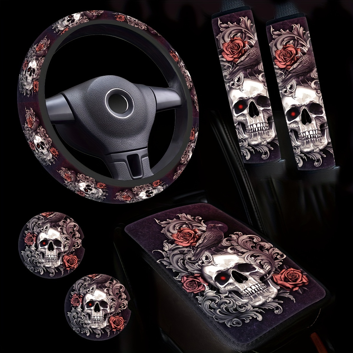 

6pcs Gothic Crow Print Car Accessory Set - Fit Polyester Steering Wheel Cover, Shoulder Pads, Armrest Cushions & Coasters - Stylish Vehicle Decor - Ideal Christmas Gift For , Car Accessories