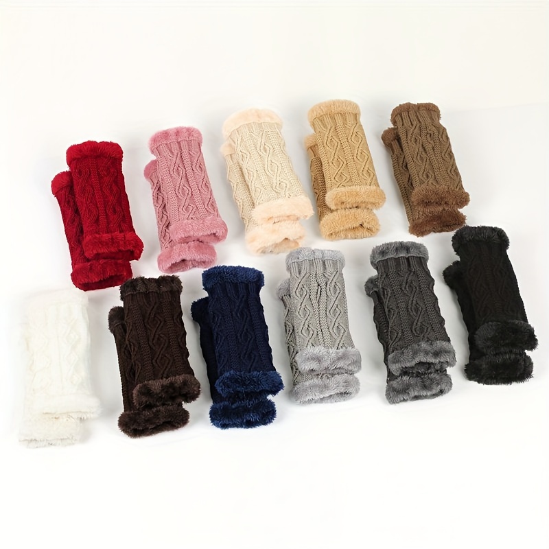 Solid Color Twist Knit Gloves Short Velvet Lined Warm Fingerless Gloves Winter Thick Warm Wrist Cover details 0