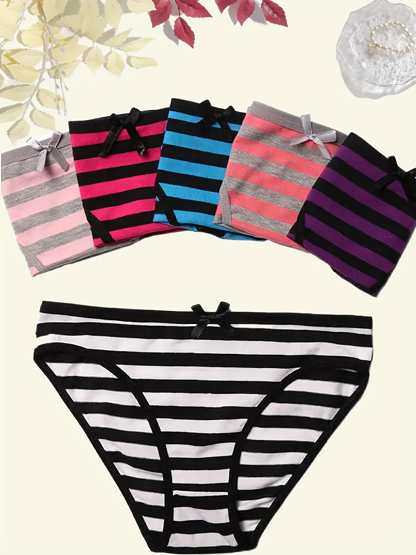 6pcs Striped Bow Tie Briefs, Comfy & Breathable Stretchy Intimates Panties,  Women's Lingerie & Underwear
