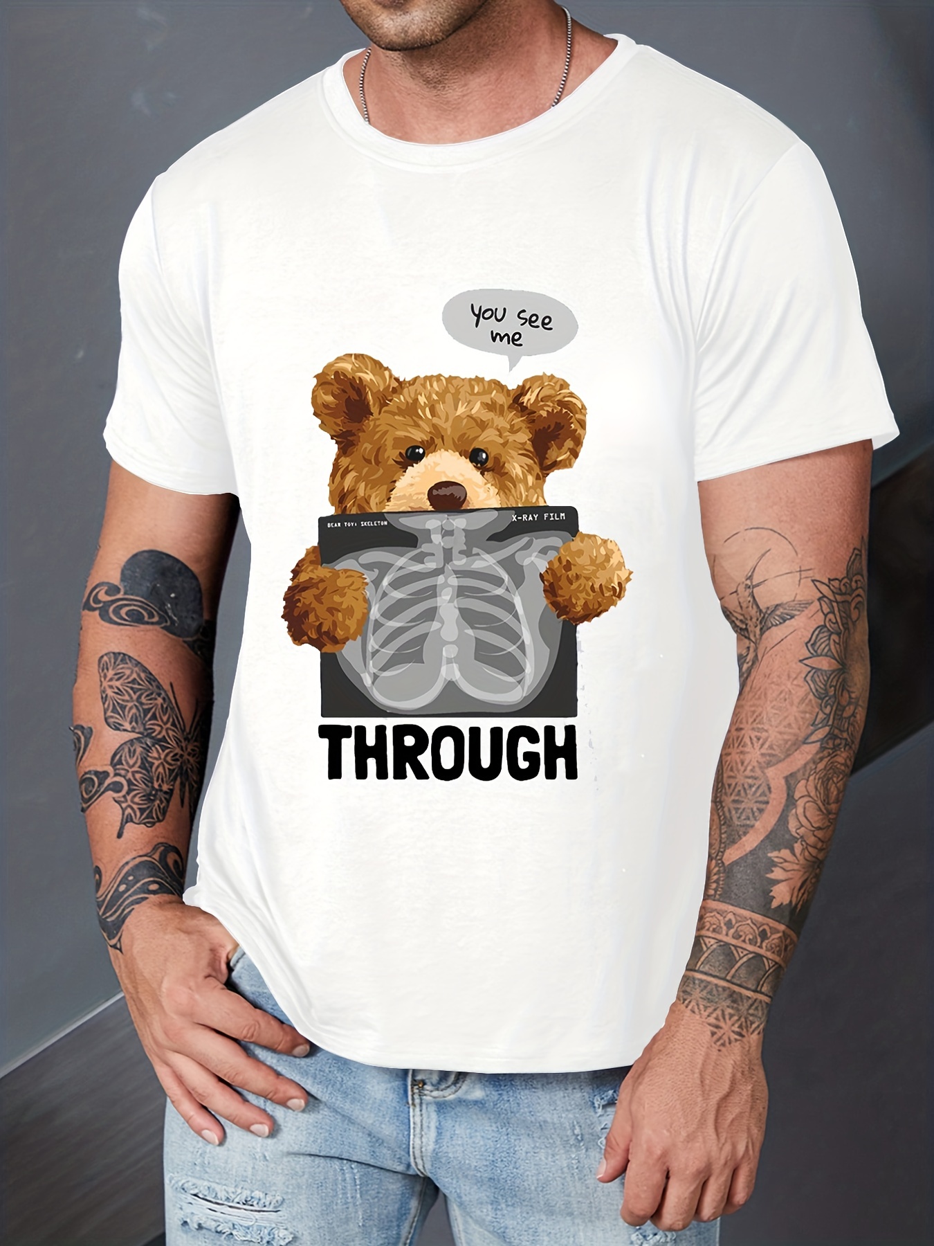 Men's Cartoon Bear X-ray Print Round Neck Short Sleeve T-shirt