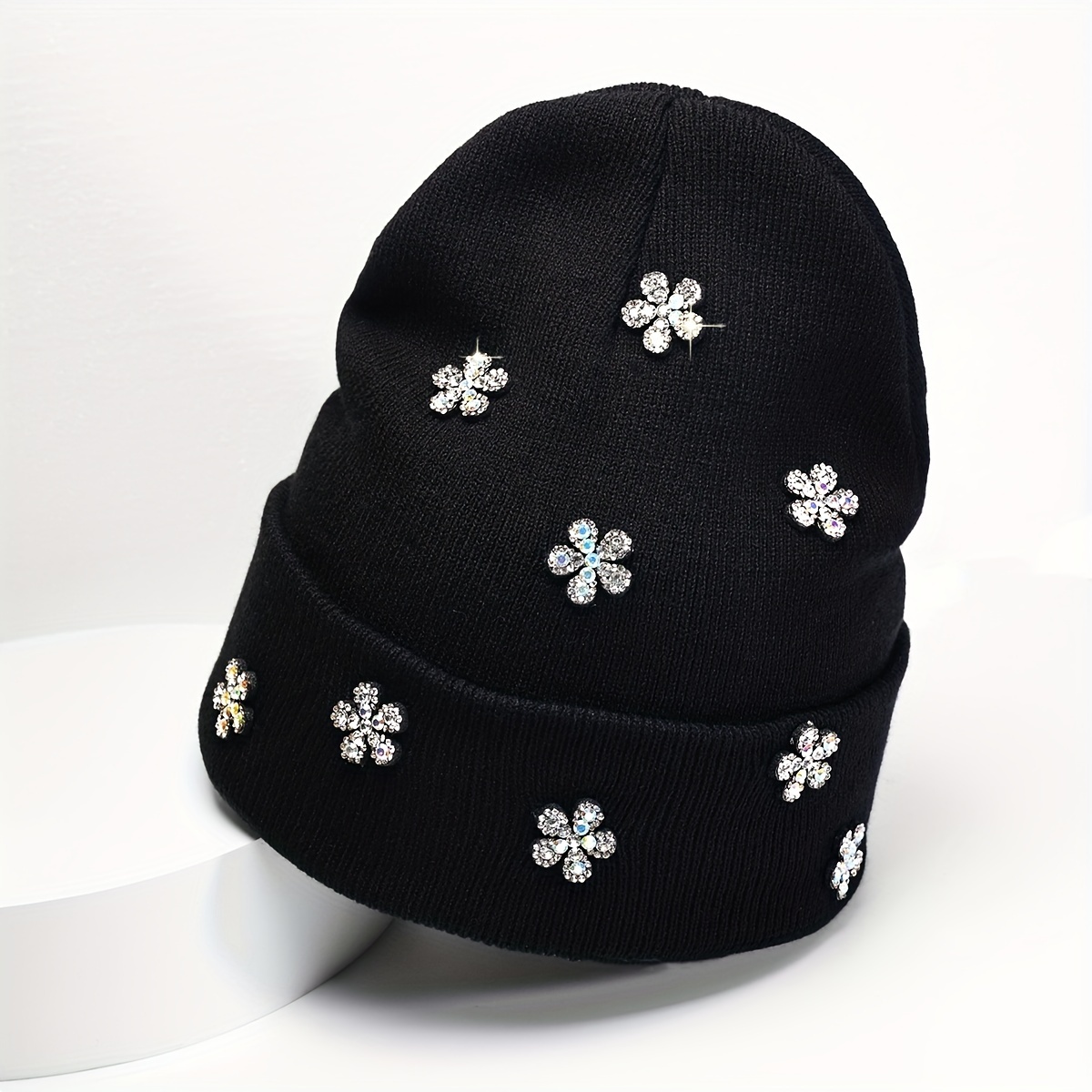 Little Flowers Rhinestone Graphic Beanie Trendy Shiny Black - Temu