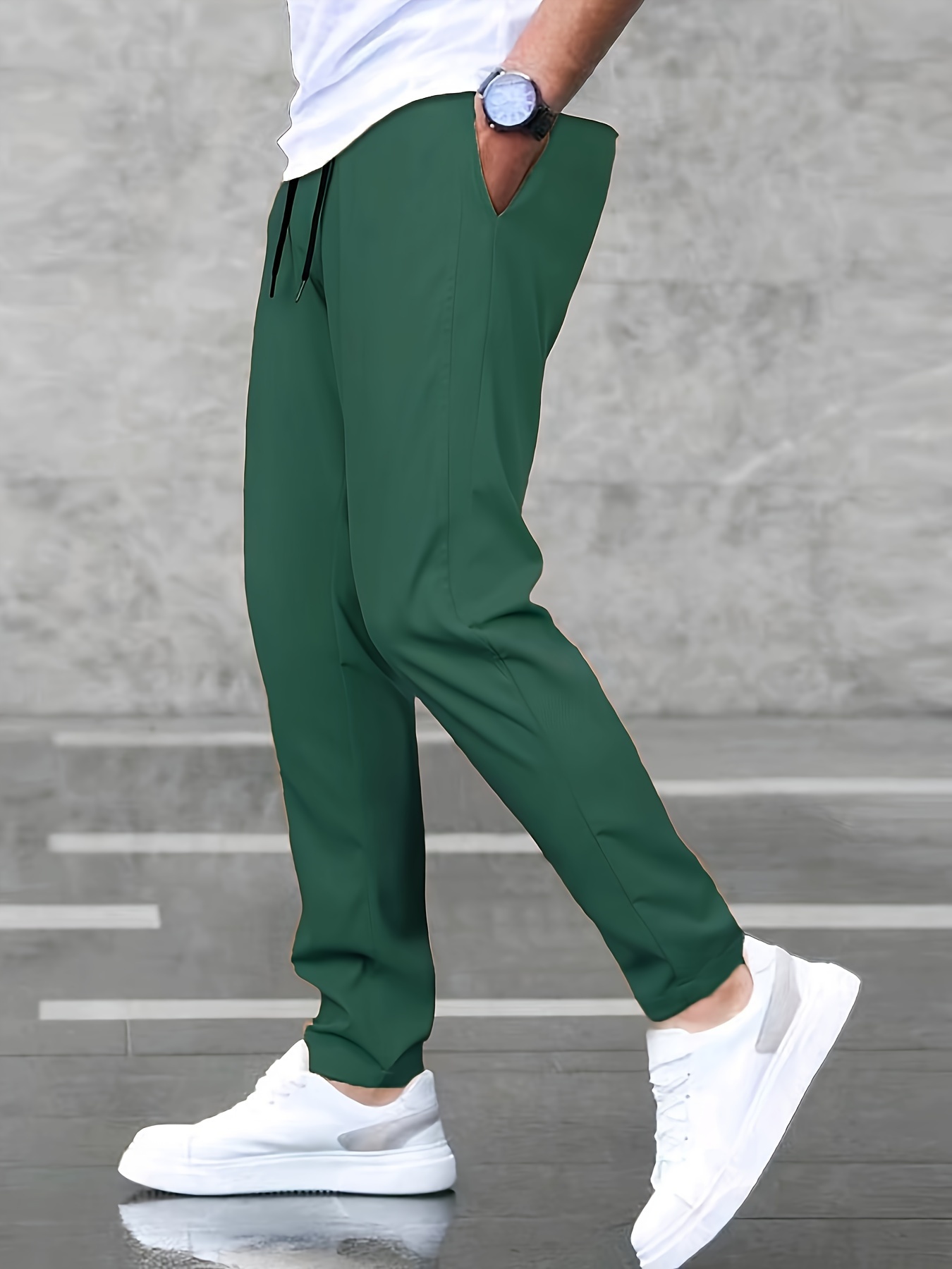 mens casual waist drawstring joggers solid all match sports pants with pockets green 0