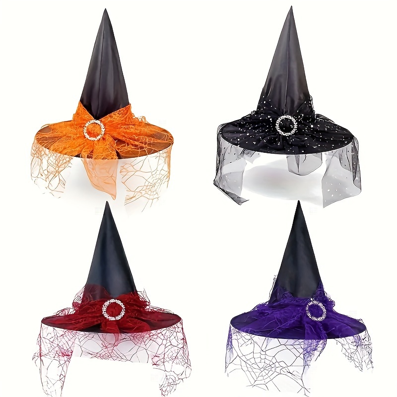 Halloween Witch Hat Decorative Mesh Pumpkin Print Magician Pointed Wizard Hat