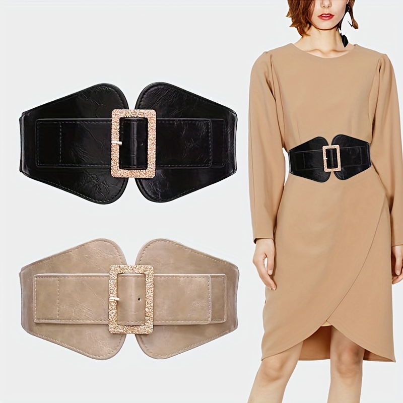 Stylish PU Wide Belts Classic Solid Color Elastic Waistband Elegant Dress  Coat Girdle For Women