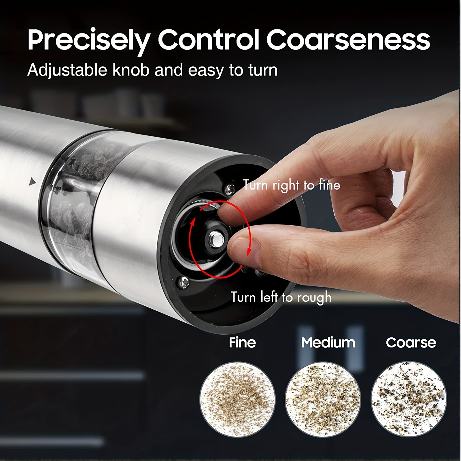 Electric Salt and Pepper Grinder - Battery Operated Stainless Steel Pepper  Mill with Light - Automatic One Handed Operation - Electronic Adjustable