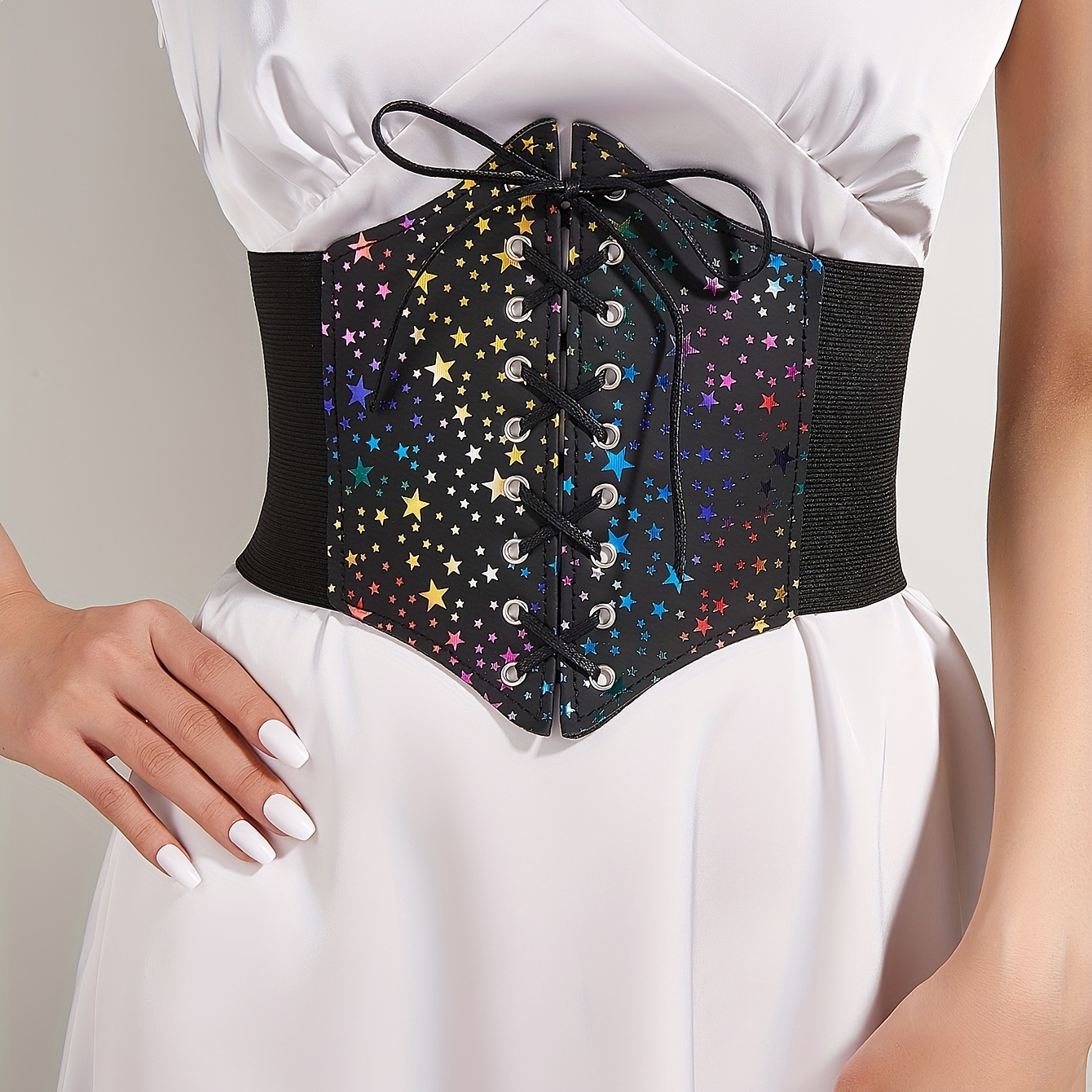 Colorful Star Hot Stamping Girdle Black Trendy Elastic Wide Waistband Punk  Dress Girdle Lace Up Waspie Corset Belt For Women