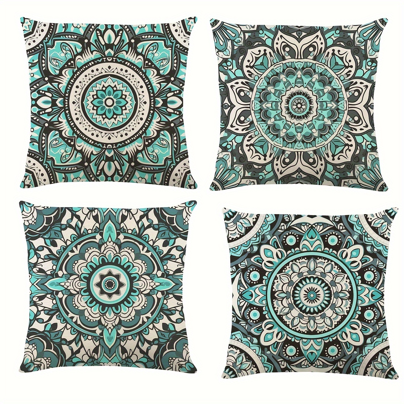 

4pcs Bohemian Geometric Pattern Throw Pillow Covers, 17.8" Square Linen Cushion Cases With Zipper Closure, Turquoise & Designs, Machine Washable For Living Room, Bedroom, Or Lounge Decor