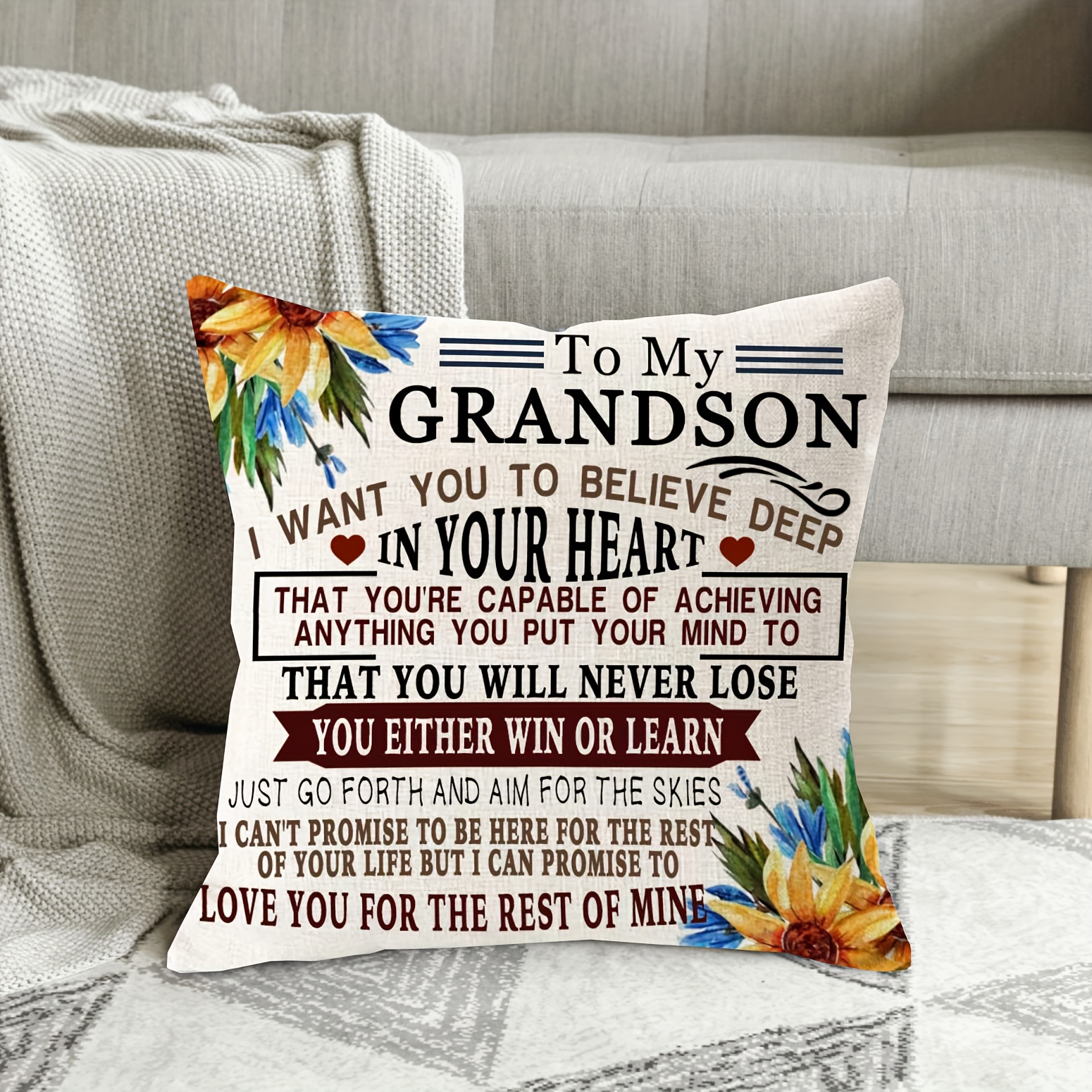 

1pc A Gift For Your Grandson, You Can Do What You Want, Sunflower Square Cushion Cover (18''x18''), Pillowcase, Home Decoration, Room Decoration, Bedroom Decoration (cushion Not Included)