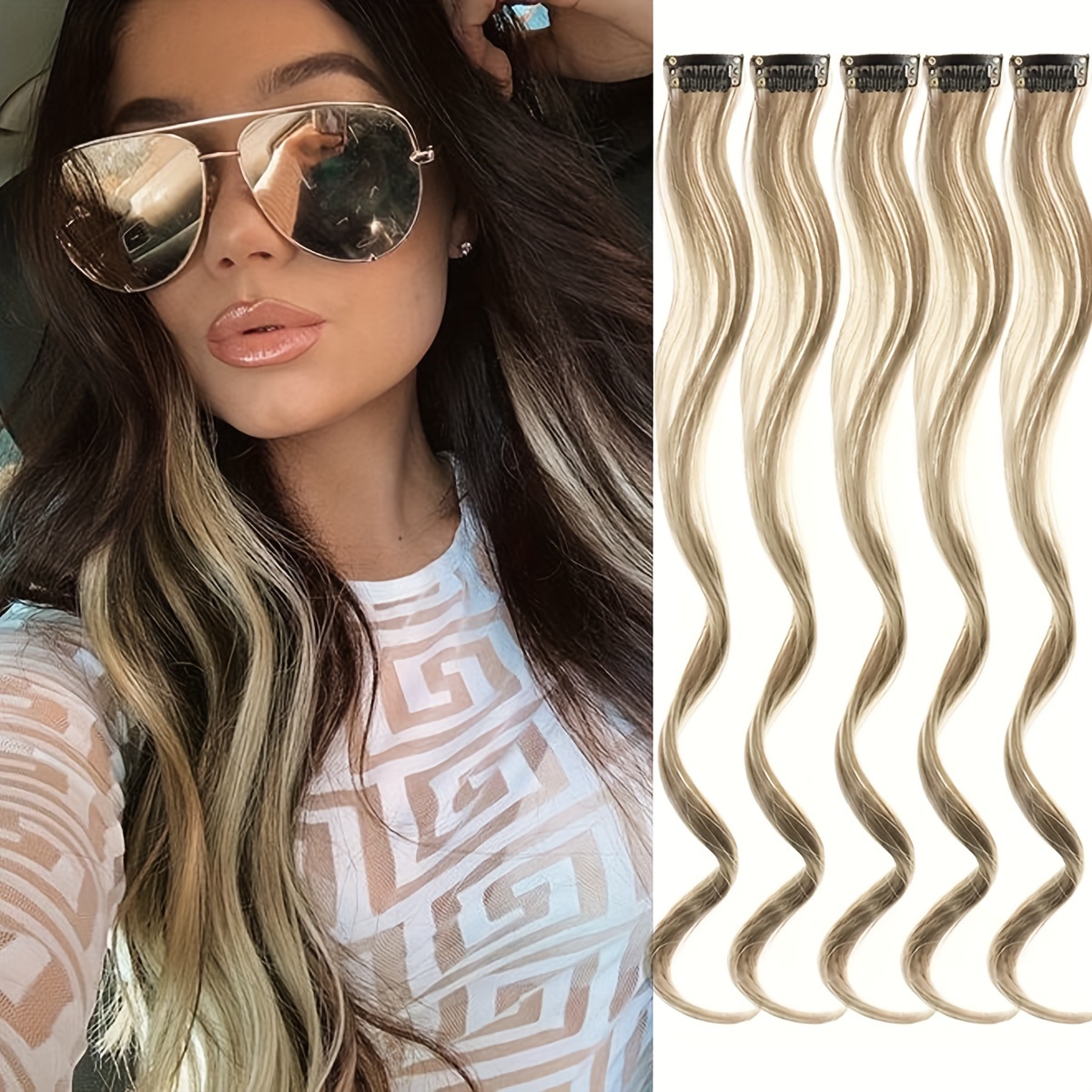 Image of 5pcs Colored Hair Extensions Party Highlights, Curly Wavy Hairpiece Clip In Synthetic Streak For Women