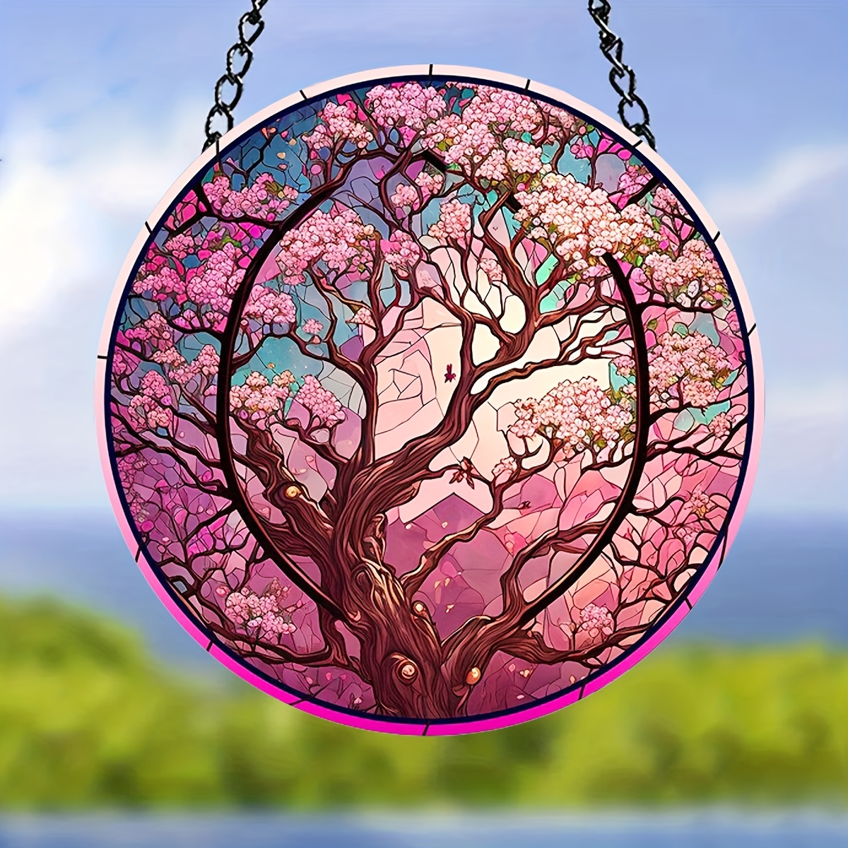 Cherry Blossoms Tree Suncatcher Decor Round Hanging Ornament