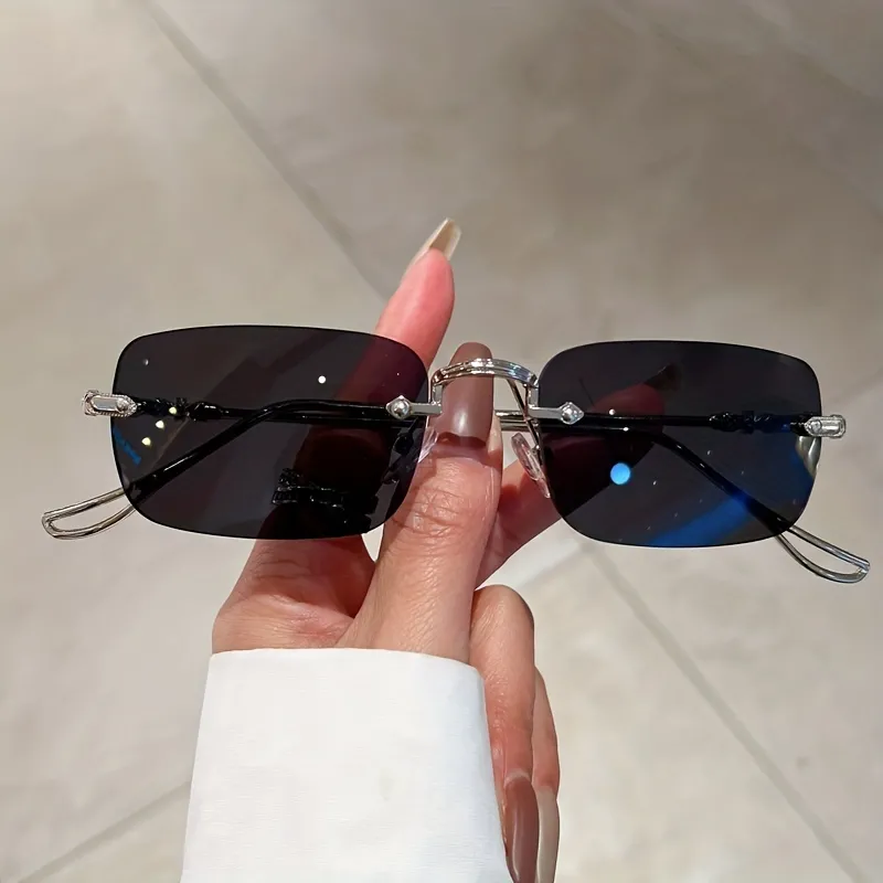Tinted Lens Fashion Sunglasses for Women Men Metal Temple Rimless Glasses for Beach Party Club, UV400,Temu