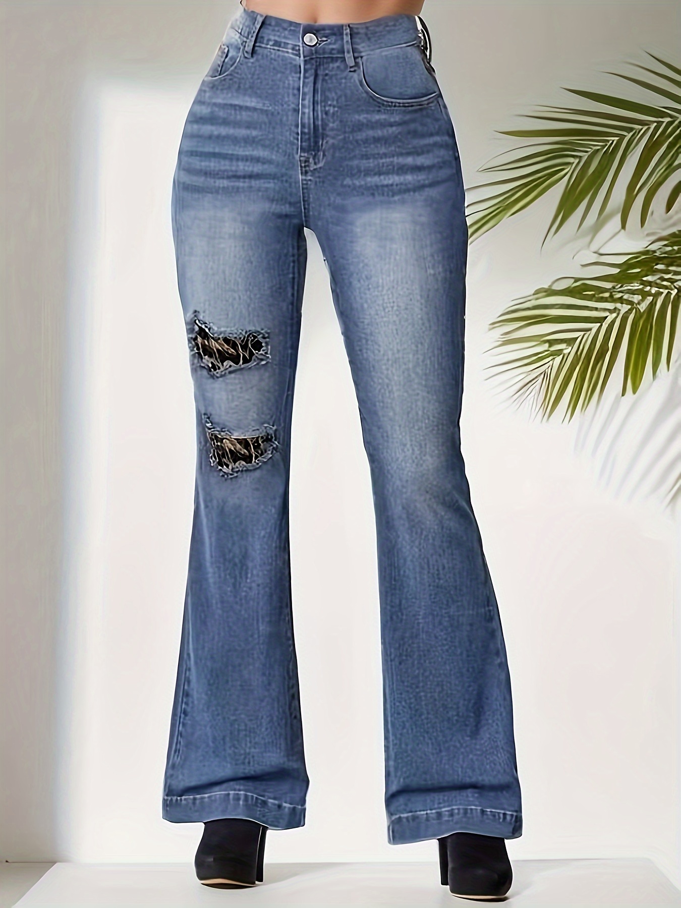 Floral Embroidered Decor Flare Jeans, High Stretch Slant Pockets Bell  Bottom Jeans, Women's Denim Jeans & Clothing