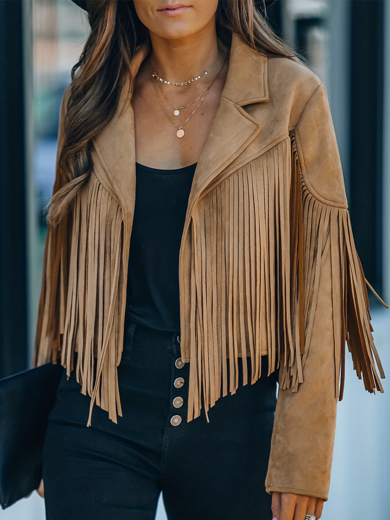 Cropped Fringe Suede Faux Leather Motorcycle Jacket Fashion - Temu