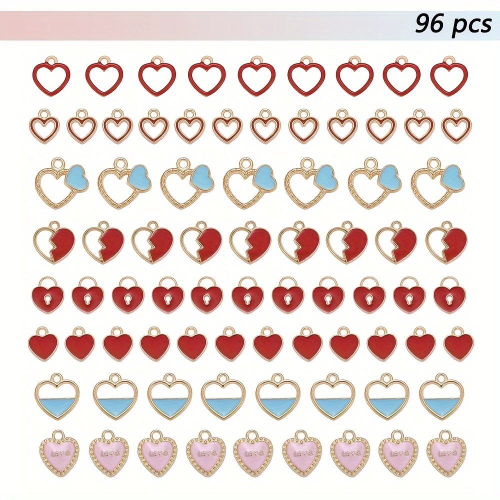 2 Box 96pcs 8 Style Light Golden Plated Alloy Enamel Charms, Heart Mixed Color,Temu