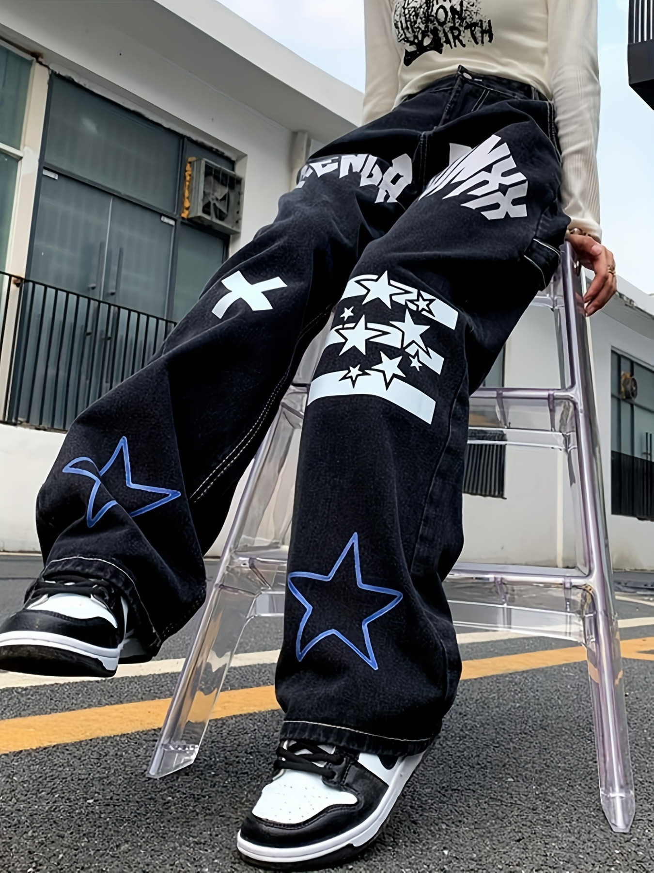 Star Letter Graphic Loose Cargo Jeans, Black Wide Leg Baggy Denim Pants,  Punk Street Style, Women's Denim Jeans & Clothing