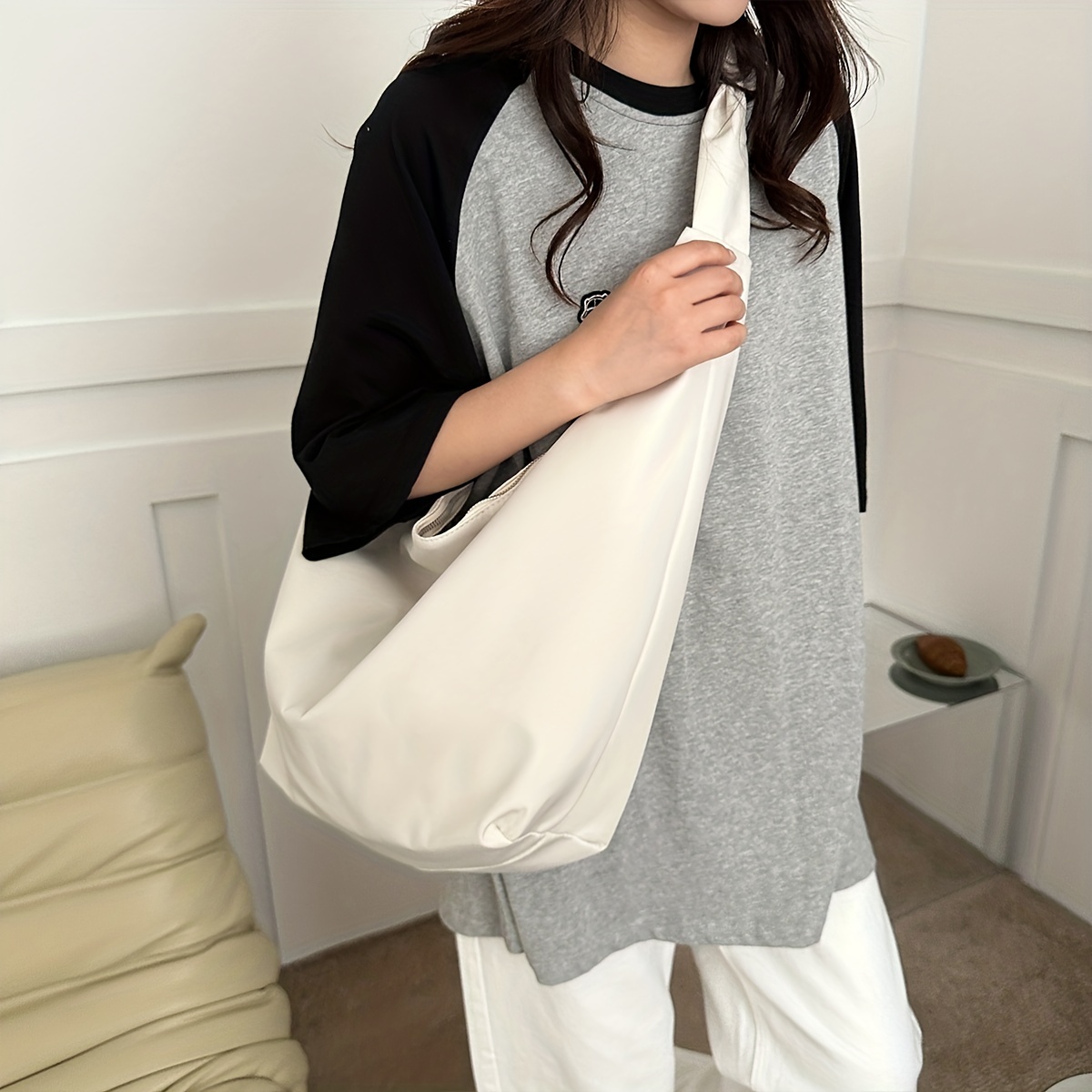 Women's Minimal Soft Leather Pillow Shoulder Bag Single Wide Shoulder Strap  Hobo Tote Bag