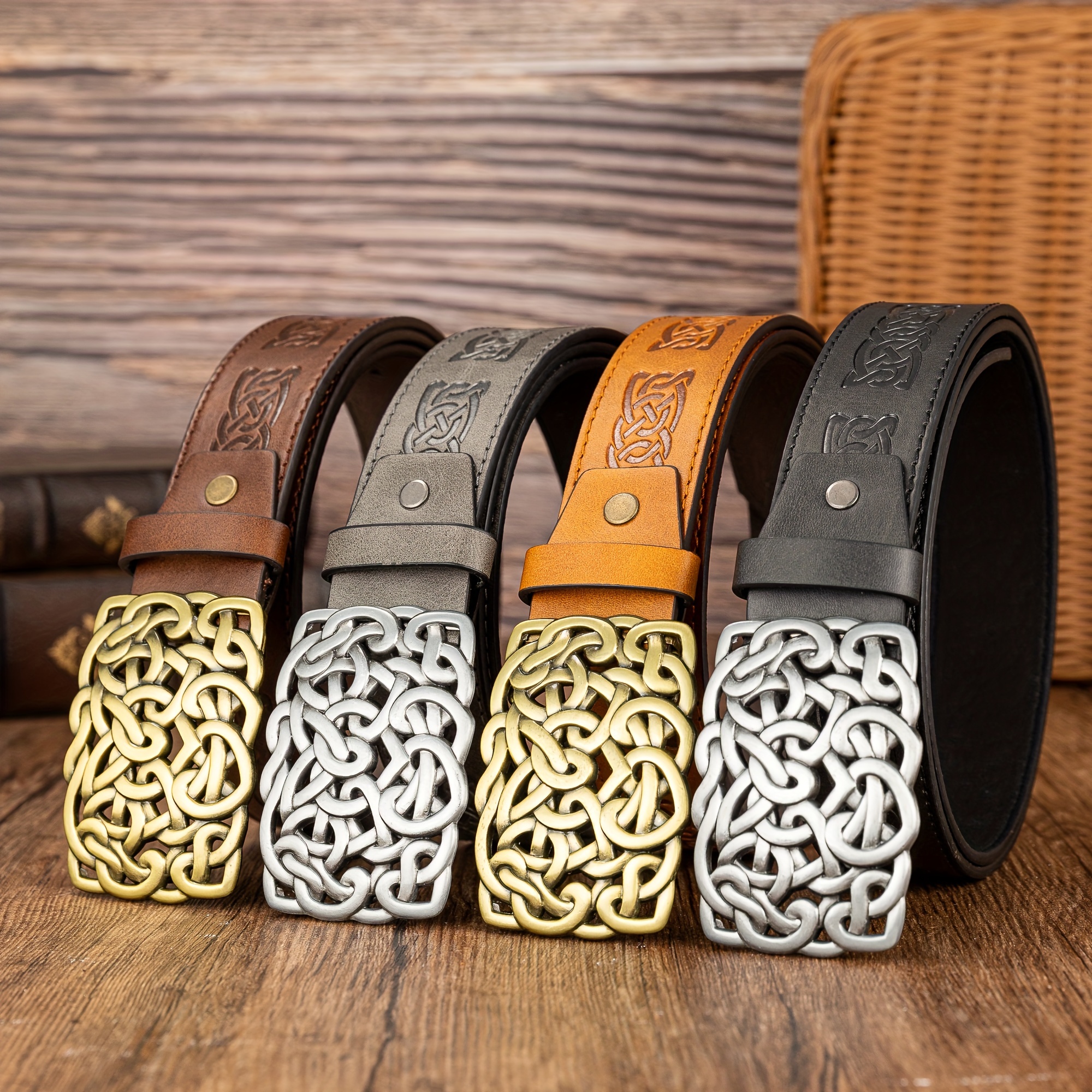 

Hollow And Messy Lines Large Buckle Belt, Fashion Pu Leather Embossed Belt For Men