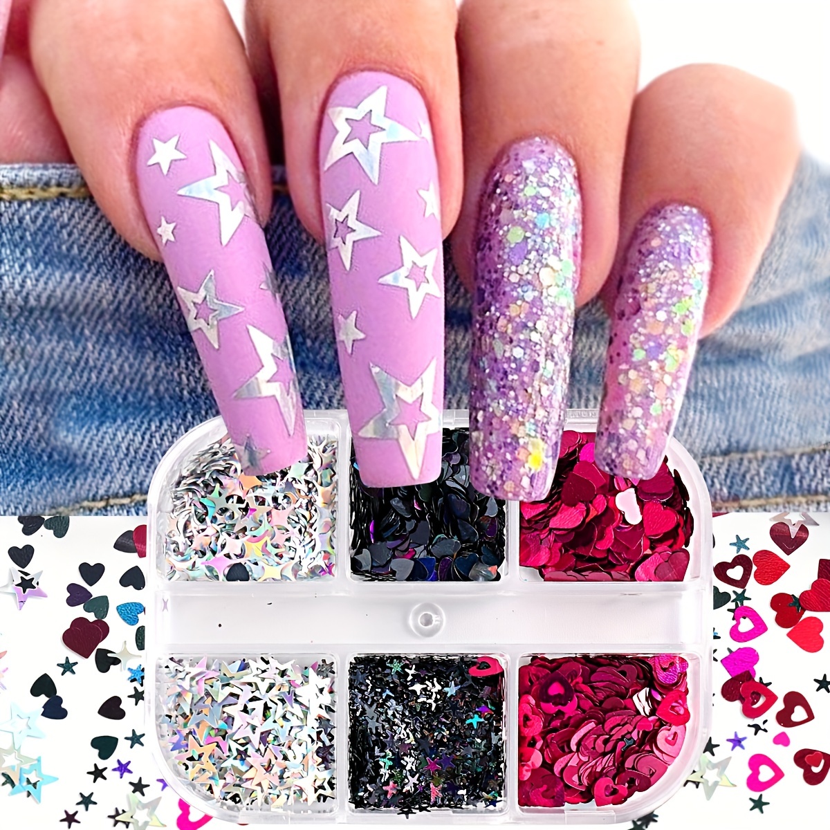 3d Heart Nail Glitter Sequins Holographic Laser Heart Nail - Temu